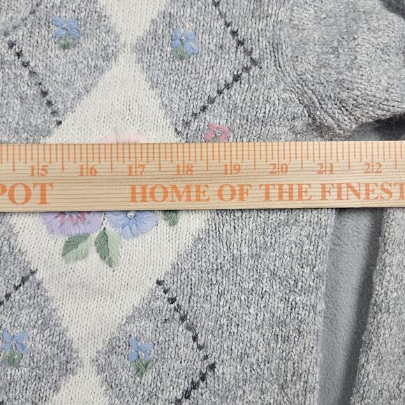 Vtg Private Party Angora Cardigan Womens M Argyle Floral Grey Granny Retro 90s - Picture 15 of 16